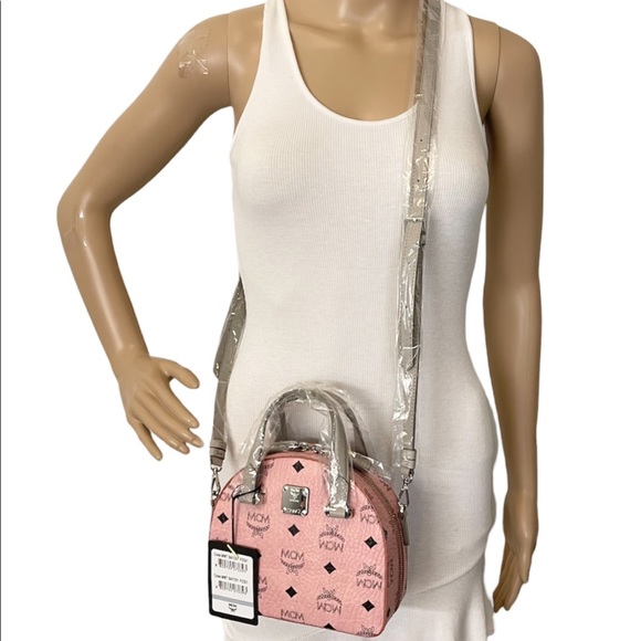 MCM New Mini Half Moon Top Handle Satchel Purse Soft Pink Logo Crossbody Bag - Picture 3 of 16